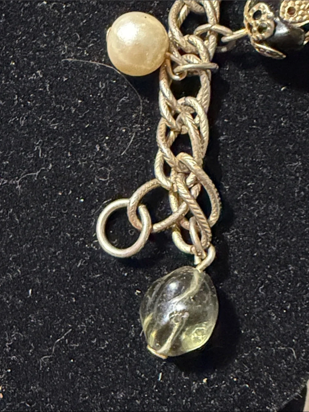 Vintage Gold Tone Charm Bracelet Faux Pearl Glass Beads Filigree Caps